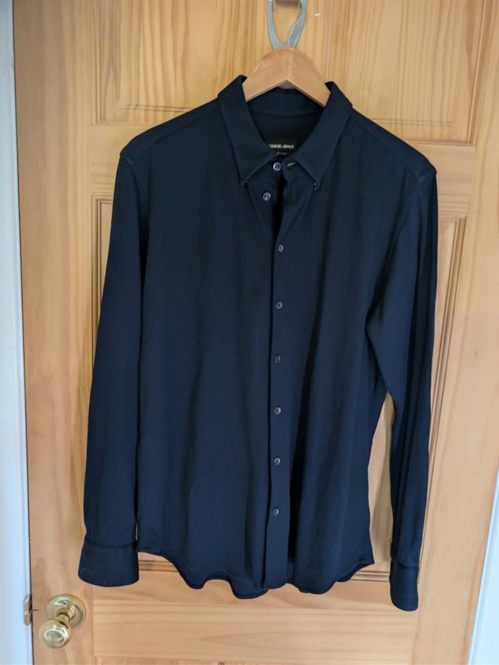 Giorgio Armani Mens Ribbed Knit Button Up Shirt Navy 43/17 Made Italy L/XL